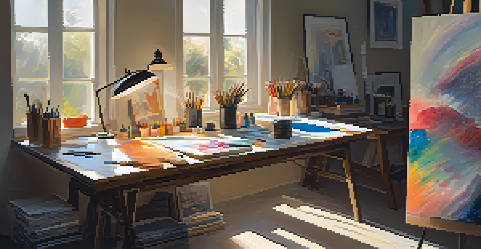 A vibrant creative workspace with art supplies and a bright window, showcasing a colorful abstract painting.
