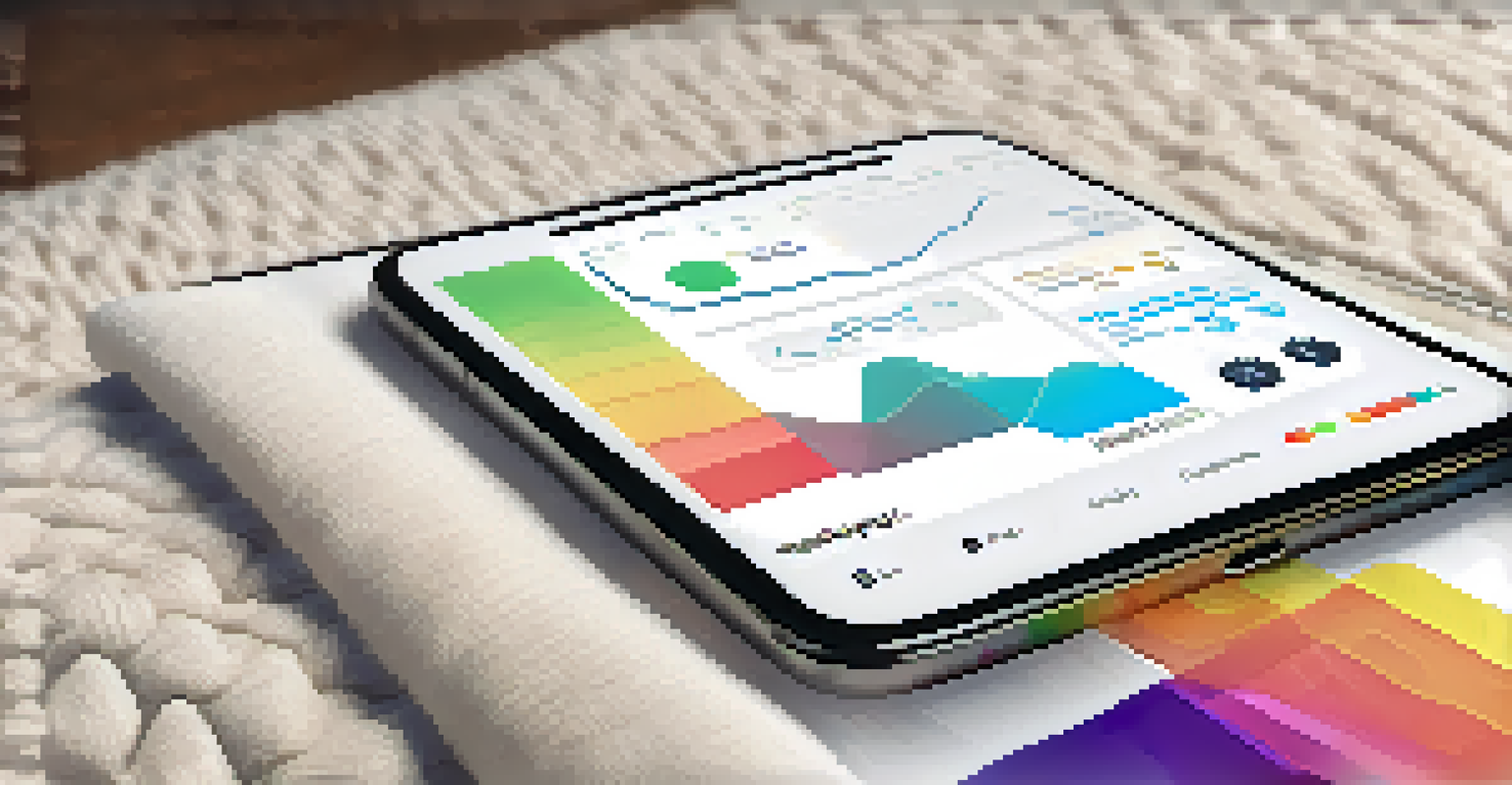 A close-up of a smartphone showing a sleep tracking app with colorful graphs, resting on a textured blanket.