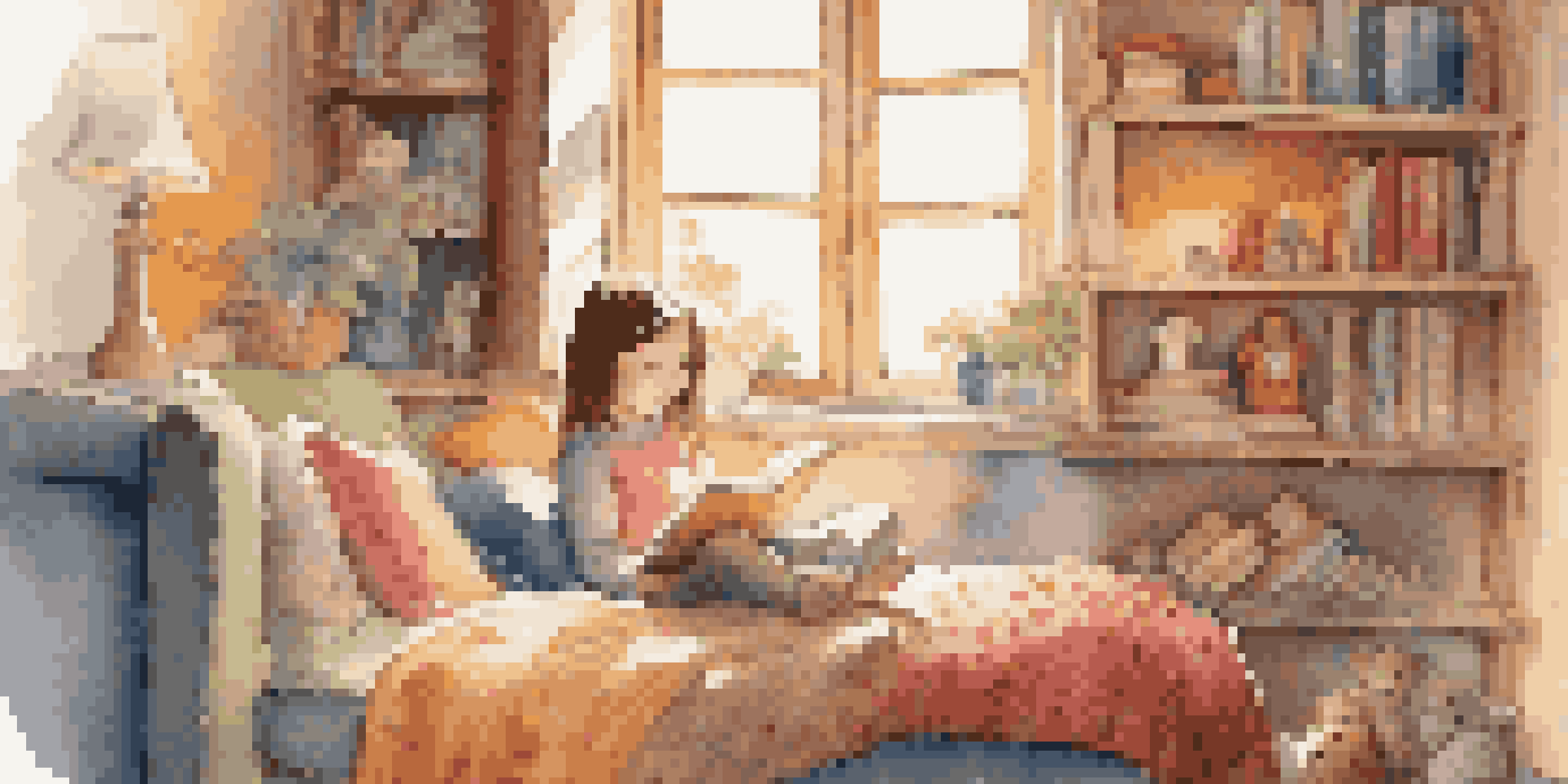 A child looking at an illustrated book in a warm and cozy reading nook, with sunlight streaming in.