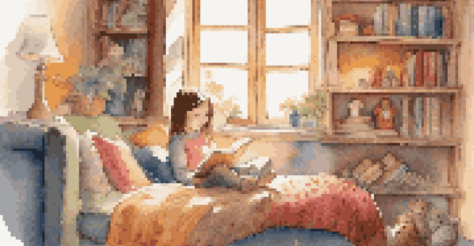 A child looking at an illustrated book in a warm and cozy reading nook, with sunlight streaming in.