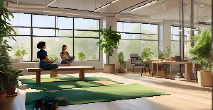 A bright and inviting office space with green plants and employees practicing mindfulness activities.