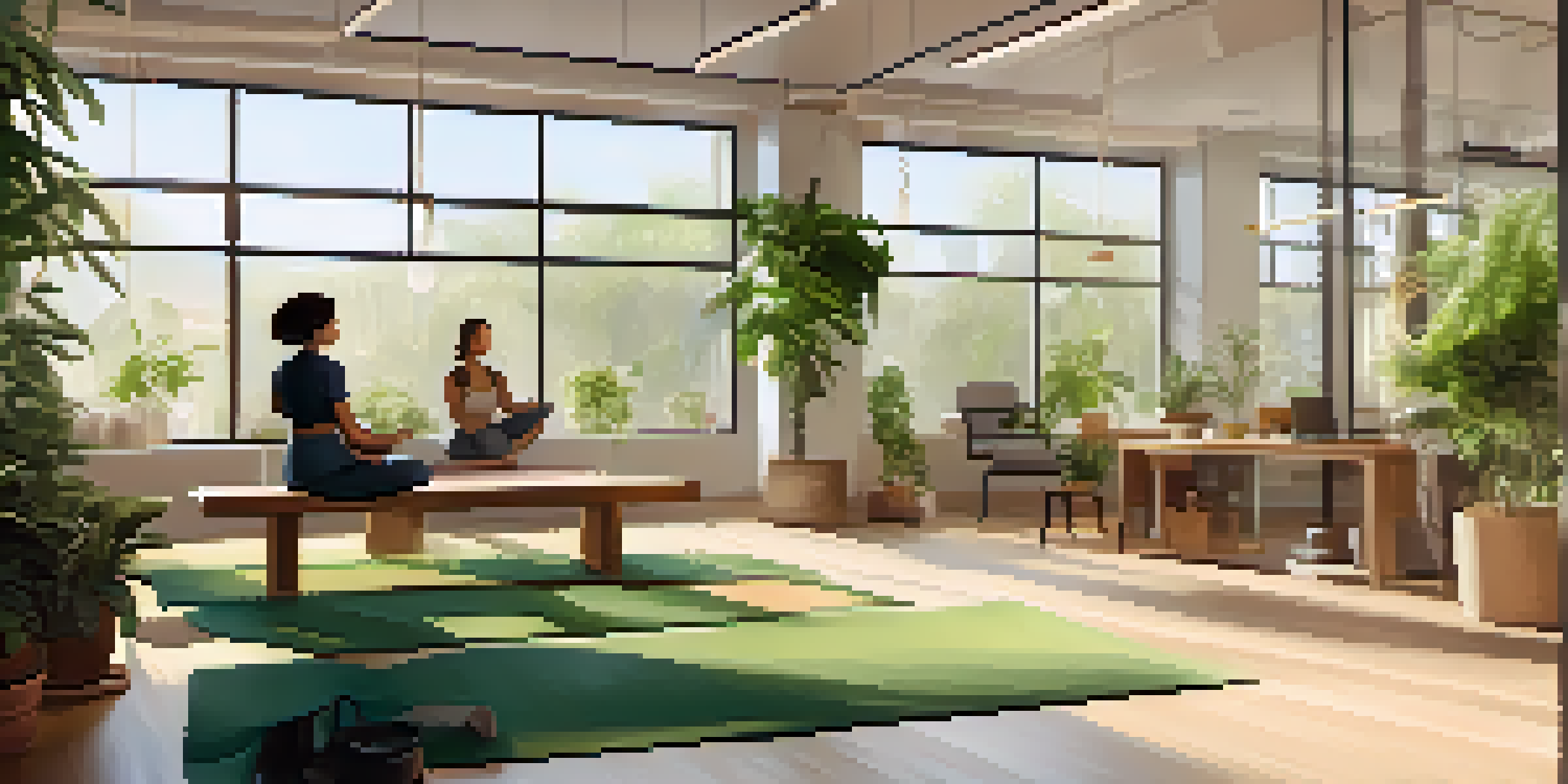 A bright and inviting office space with green plants and employees practicing mindfulness activities.