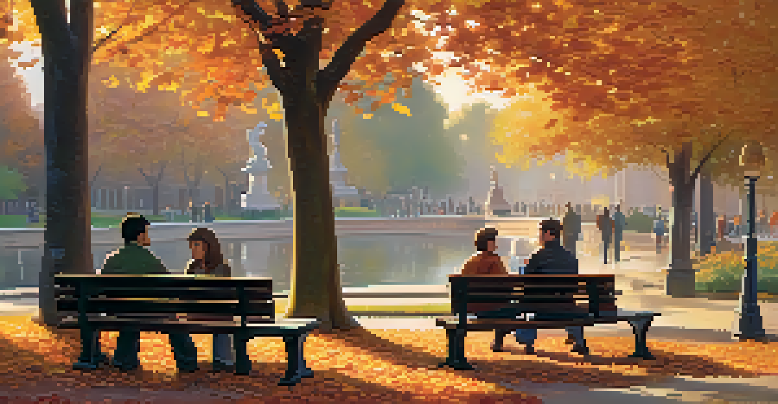 A park scene with people sitting on benches, trees with autumn leaves, and a small fountain in the background during golden hour.