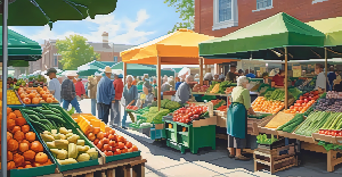 A bustling farmer's market with colorful fruits and vegetables and people interacting, highlighting community and healthy food choices.