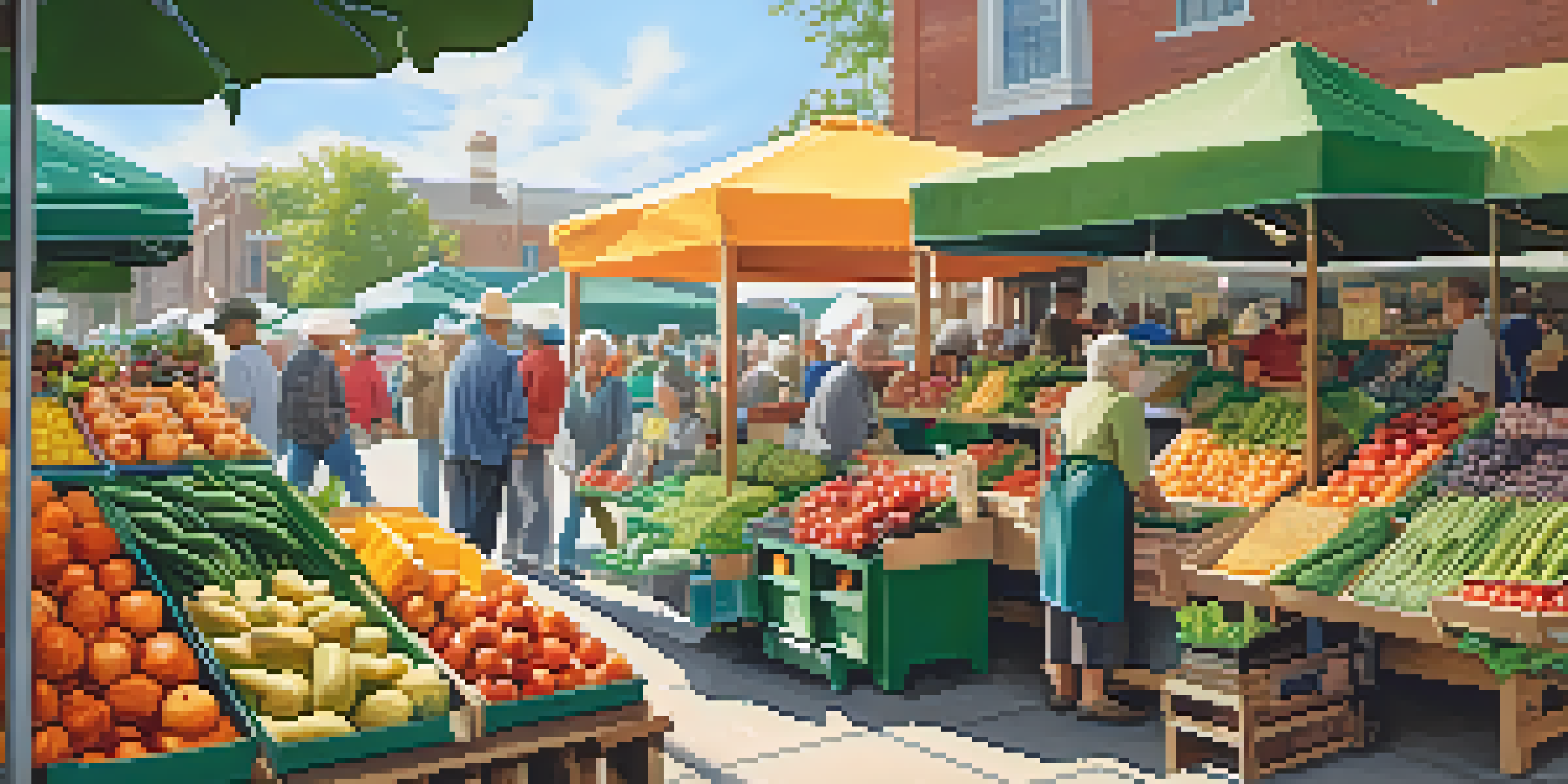 A bustling farmer's market with colorful fruits and vegetables and people interacting, highlighting community and healthy food choices.
