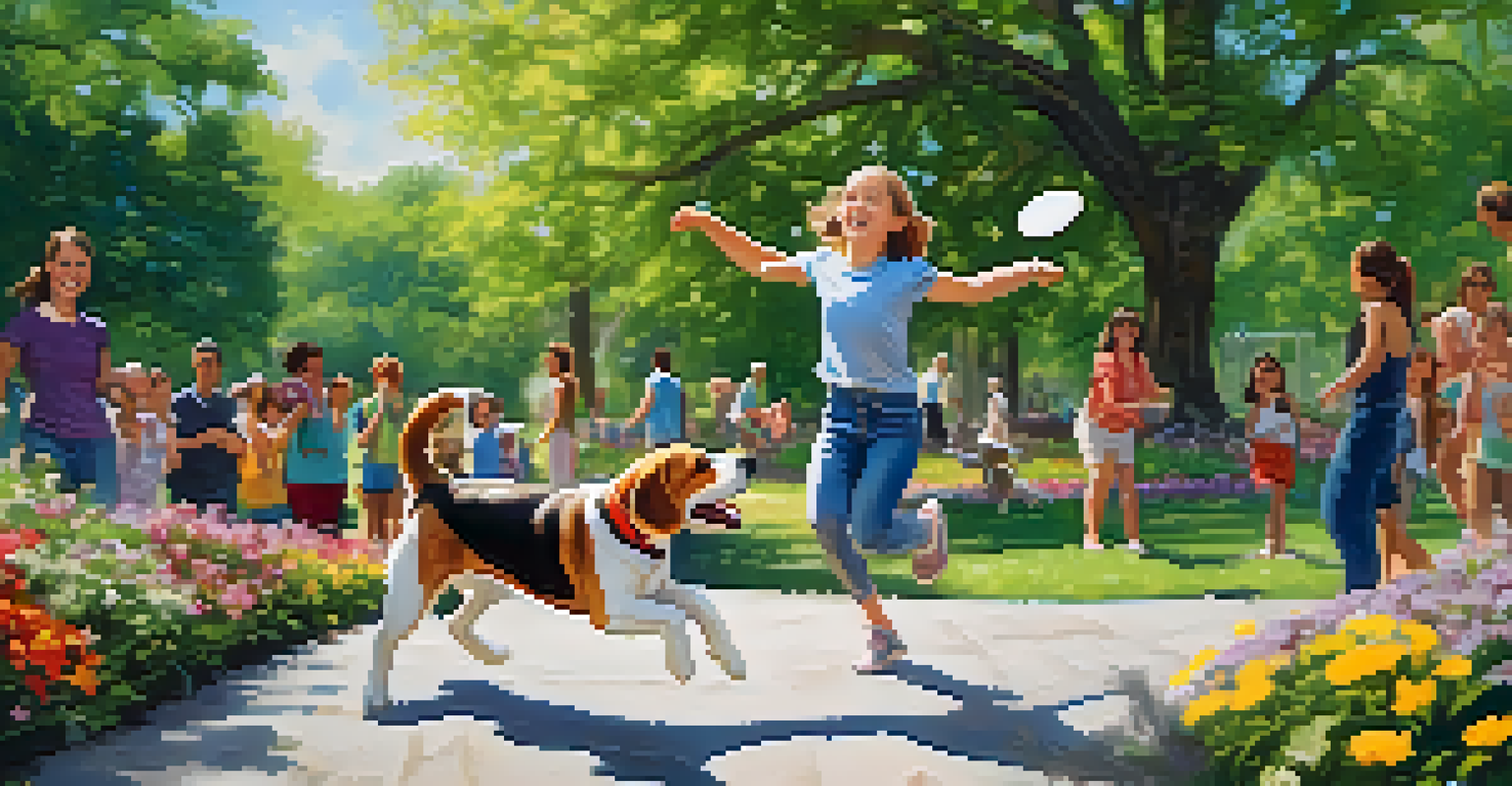 A young girl playing with a beagle in a sunny park filled with greenery and flowers.