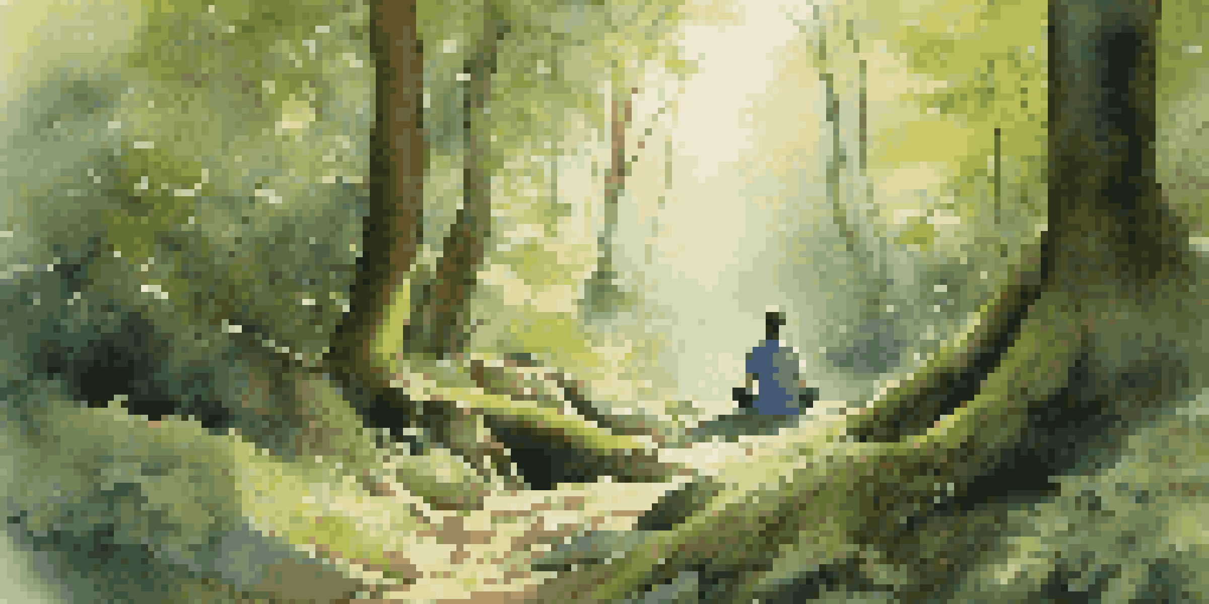A person meditating in a peaceful forest setting, surrounded by greenery and soft sunlight.