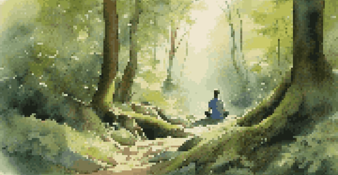 A person meditating in a peaceful forest setting, surrounded by greenery and soft sunlight.
