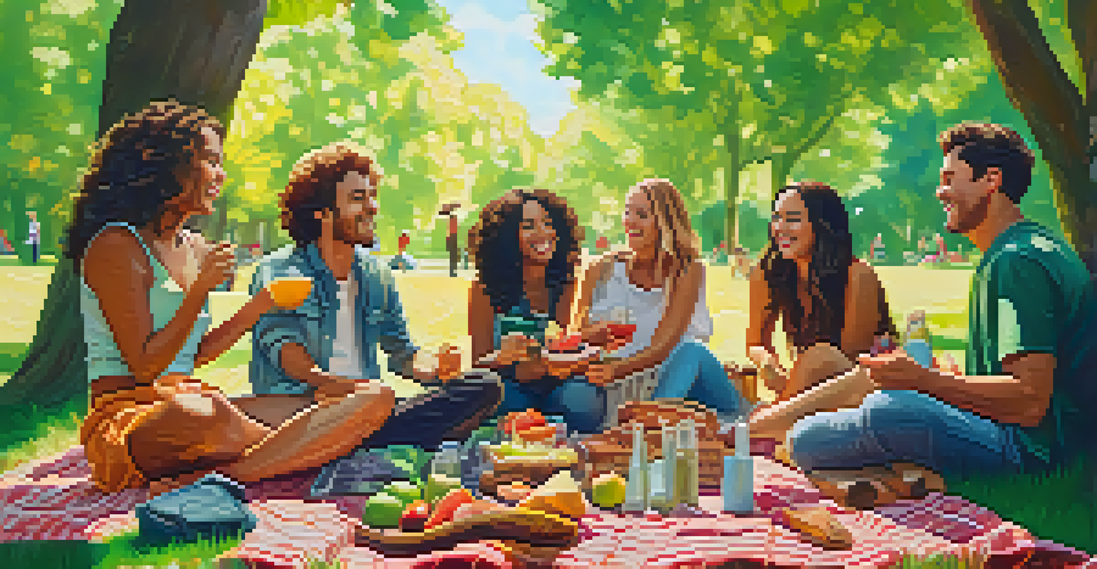 A group of friends having a fun picnic in a park, enjoying food and laughter, surrounded by green trees and sunlight.