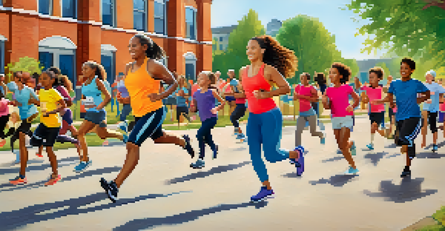 Families engaging in a community fitness challenge outdoors, showcasing teamwork and wellness.