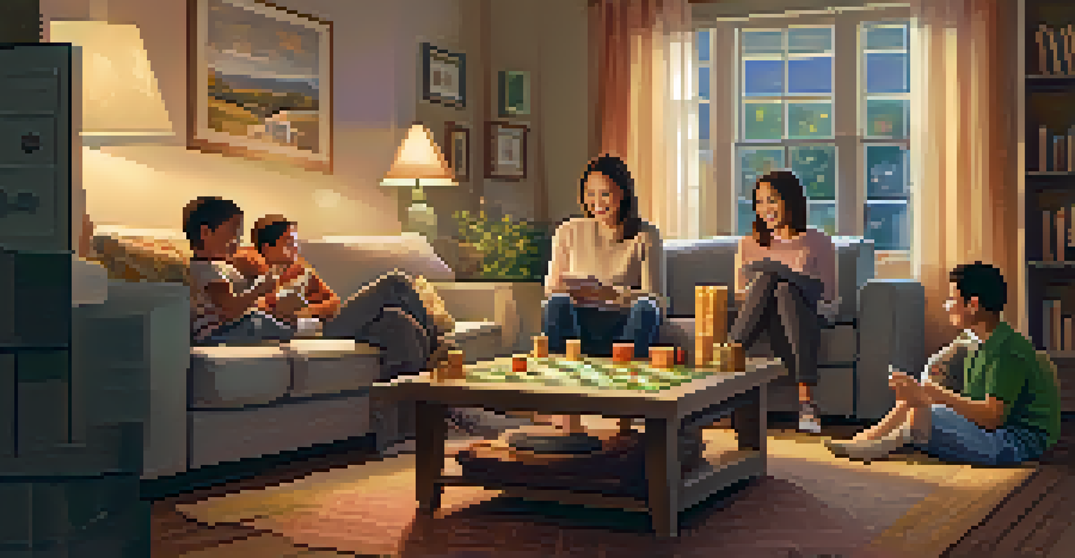 A family gathered in a living room, playing a board game and enjoying quality time together, with warm lighting and family photos in the background.