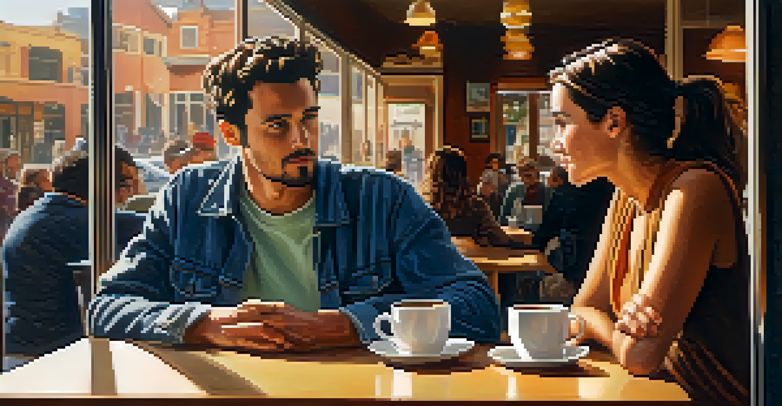Two friends in a coffee shop, one speaking and the other listening intently, conveying trust and understanding.