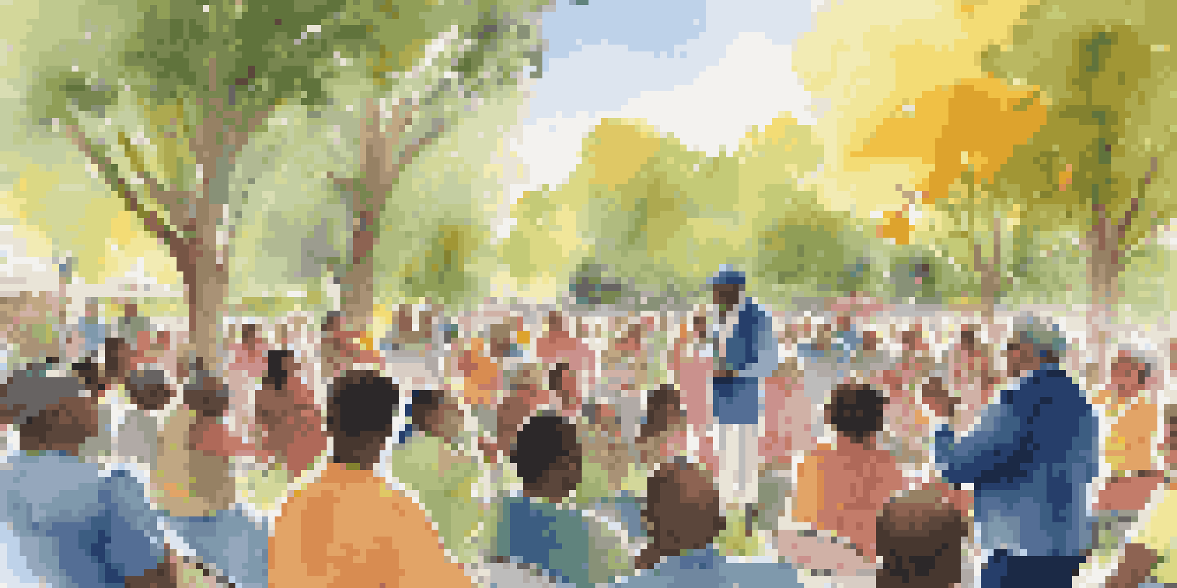 A community leader addressing a diverse audience in a park, promoting vaccination with colorful banners and sunlight filtering through trees.