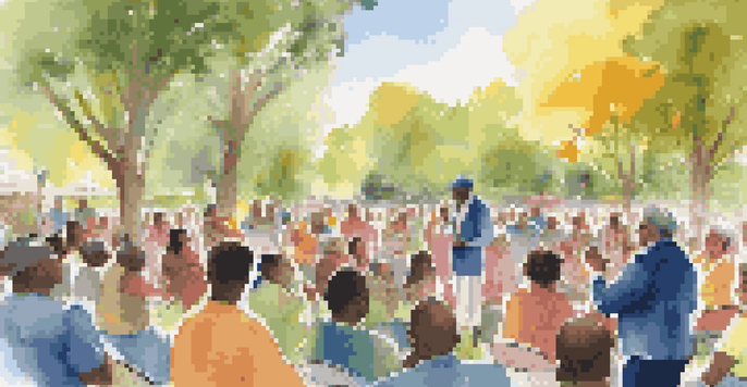 A community leader addressing a diverse audience in a park, promoting vaccination with colorful banners and sunlight filtering through trees.