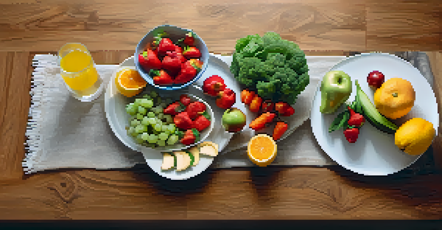Overhead view of a balanced meal with colorful fruits and vegetables on a wooden table, emphasizing healthy eating for oral health.