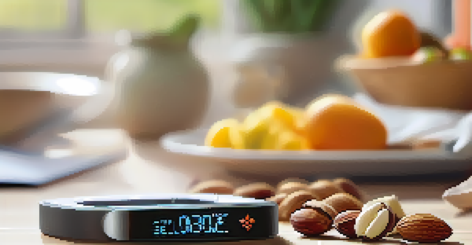 A close-up of a health tracker on a table next to a healthy meal, showcasing health metrics in a cozy kitchen.