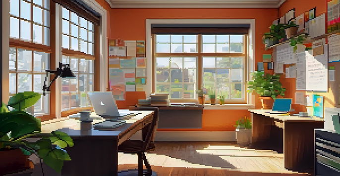 A cozy study area with a wooden desk covered in colorful notebooks, a laptop, and study materials, illuminated by sunlight coming through a window.