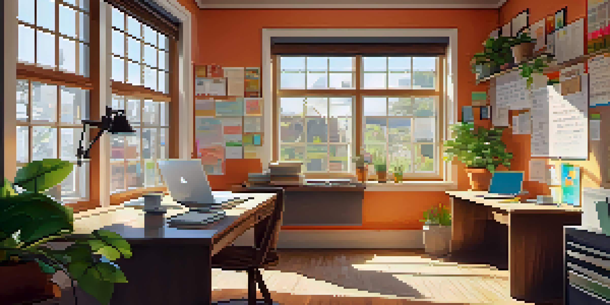 A cozy study area with a wooden desk covered in colorful notebooks, a laptop, and study materials, illuminated by sunlight coming through a window.
