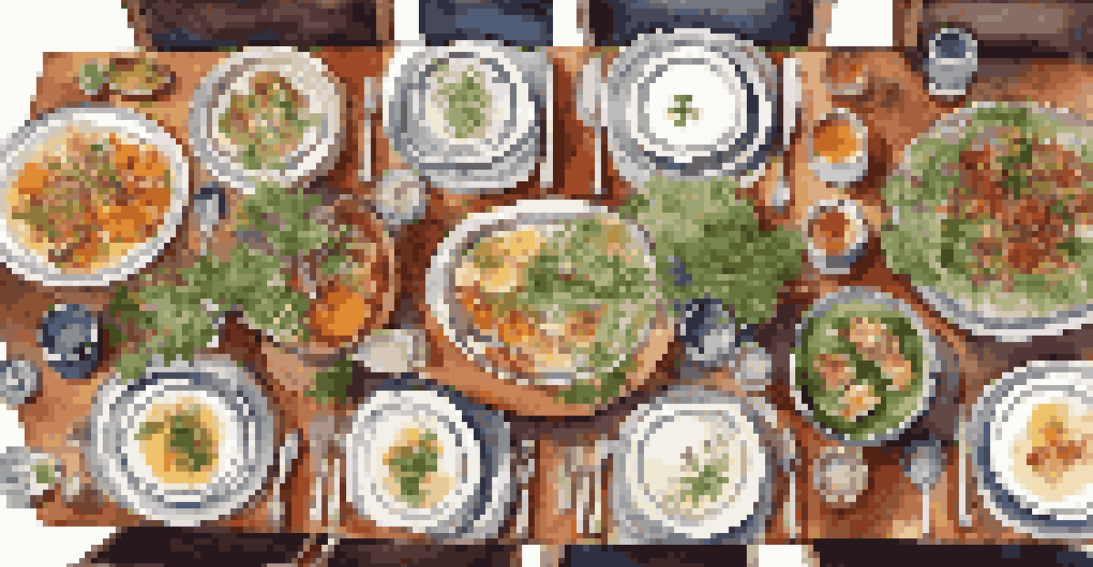 A beautifully arranged table set for a communal meal with diverse dishes and decorations.