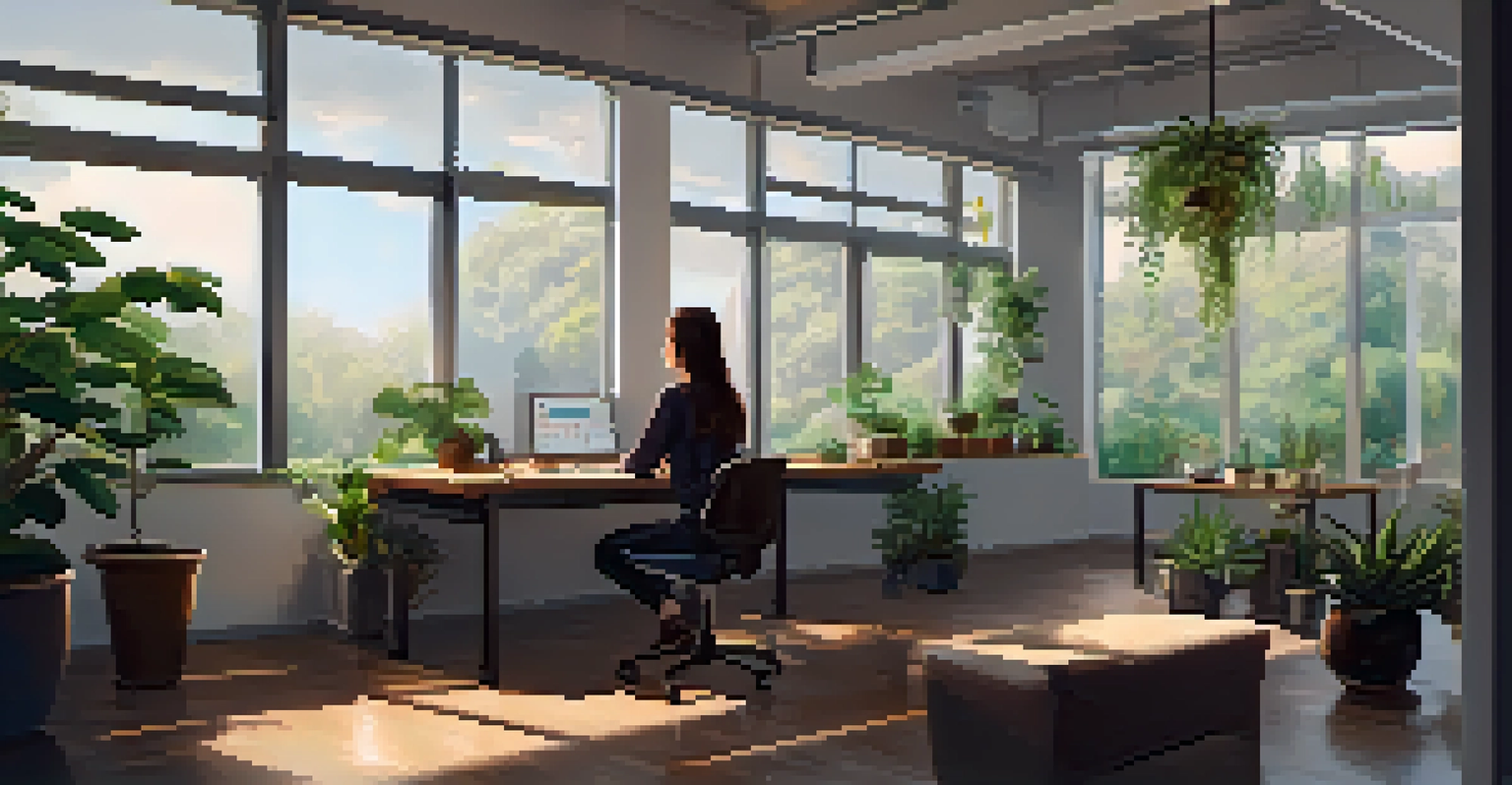A person enjoying a mindful break in an office, standing at their desk with eyes closed and a view of nature.