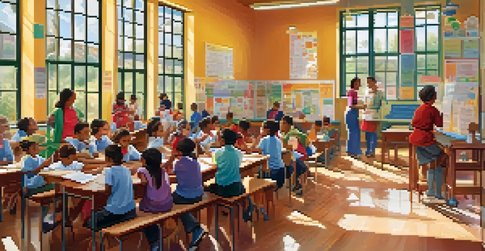 A classroom filled with children and teachers discussing vaccination awareness, with colorful posters on the walls and sunlight streaming in.