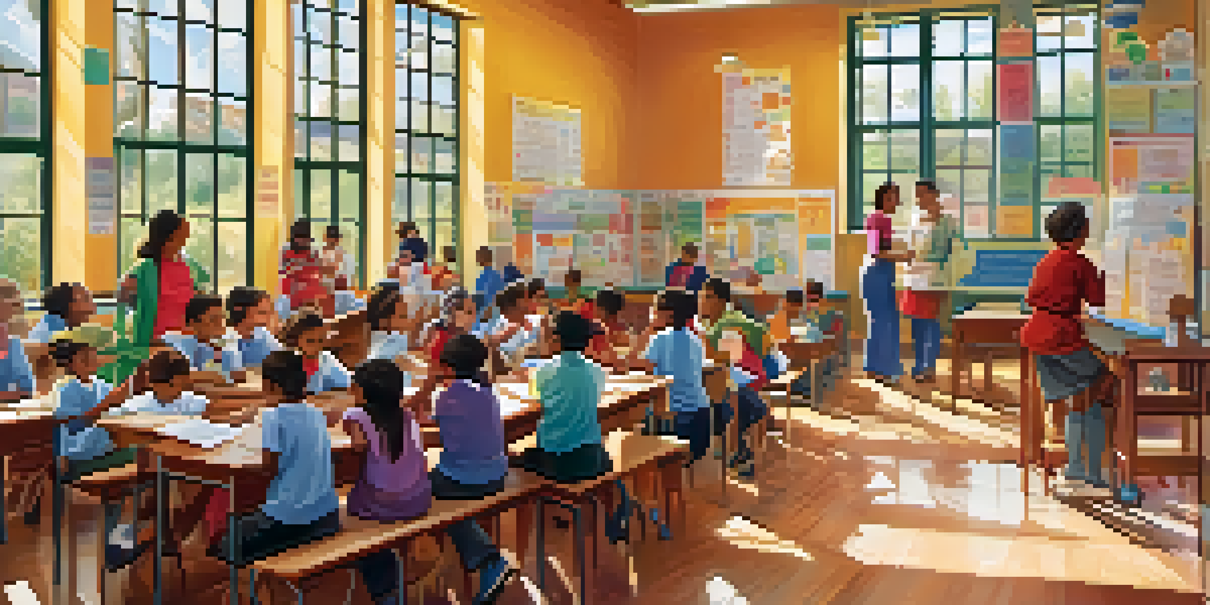 A classroom filled with children and teachers discussing vaccination awareness, with colorful posters on the walls and sunlight streaming in.