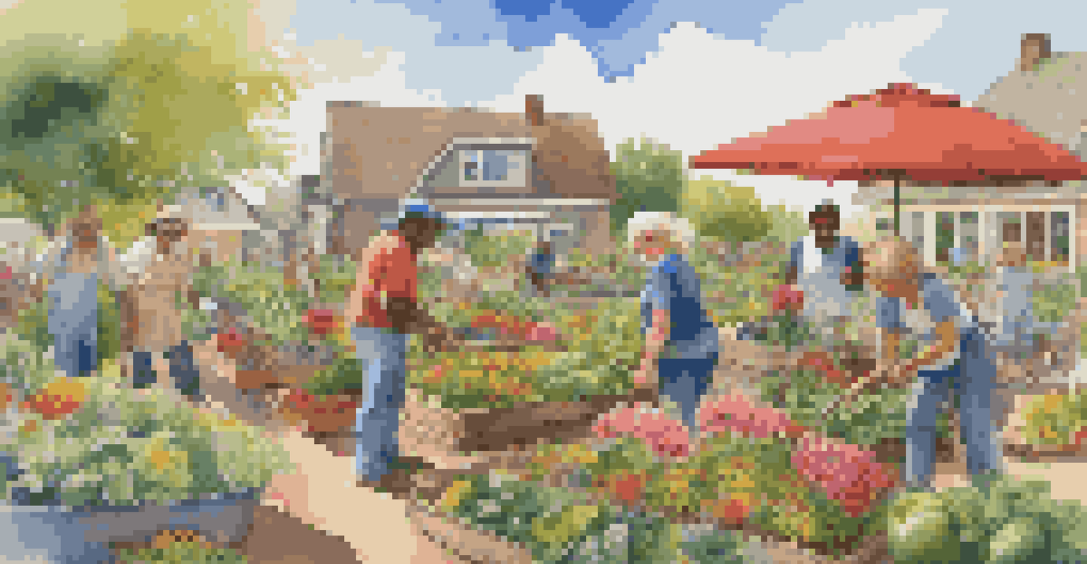 A lively community garden with blooming flowers and vegetables, featuring people gardening together under a bright blue sky.