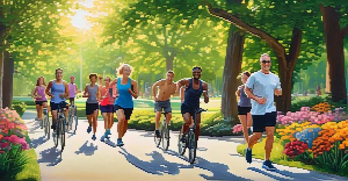 A diverse group of individuals exercising in a sunlit park, surrounded by greenery and flowers, showcasing joy and community.