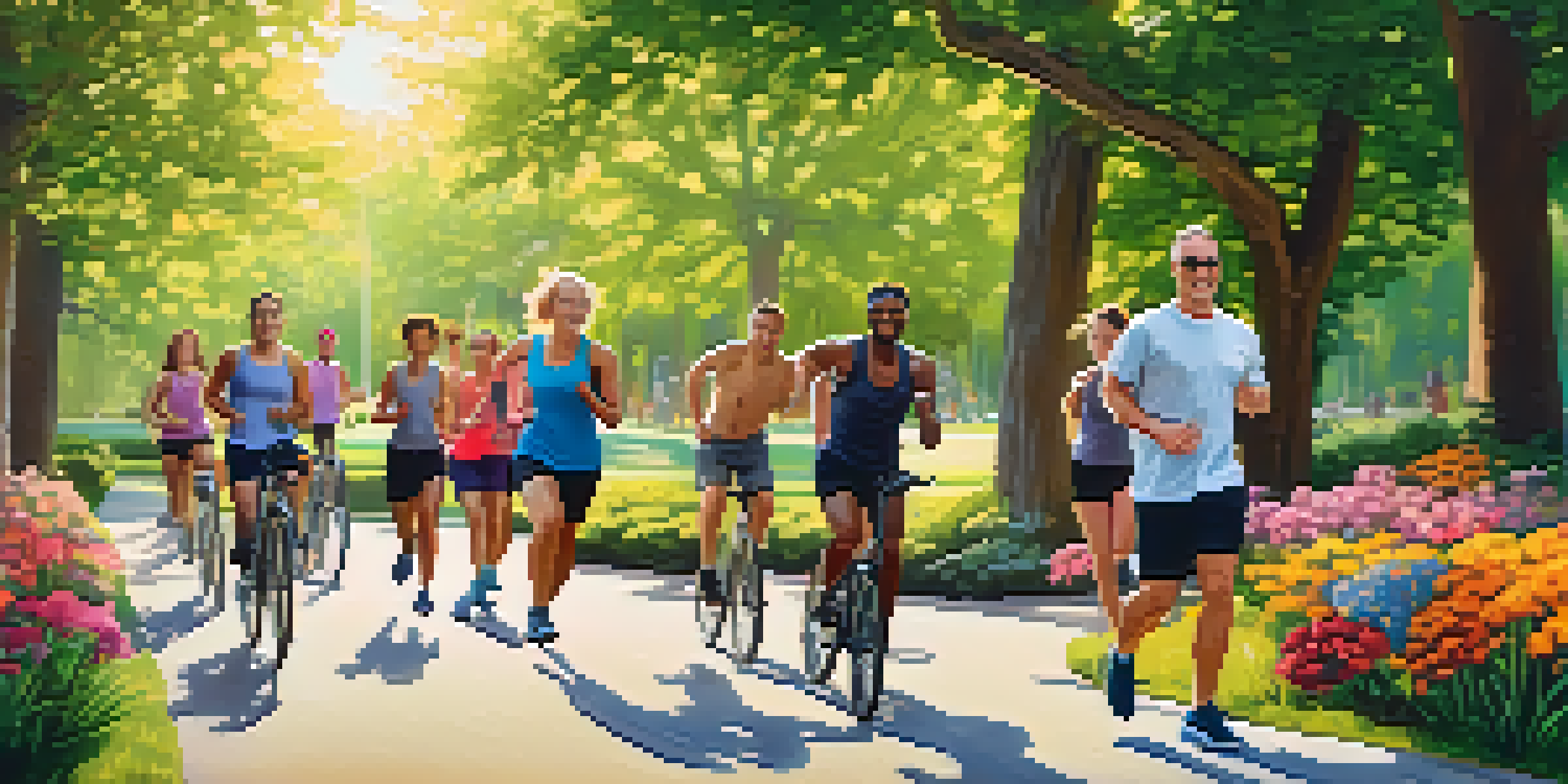 A diverse group of individuals exercising in a sunlit park, surrounded by greenery and flowers, showcasing joy and community.