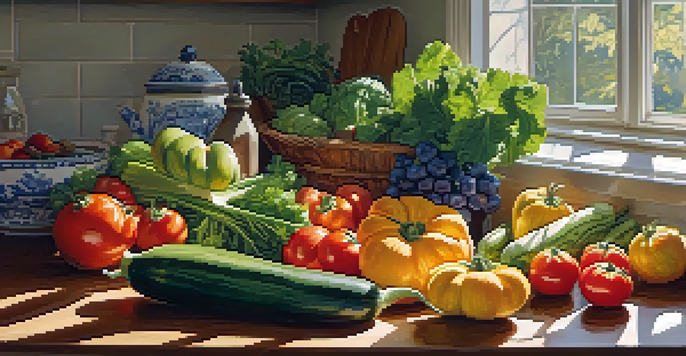 A bright kitchen with seasonal vegetables and fruits on a wooden countertop, illuminated by sunlight from a window.