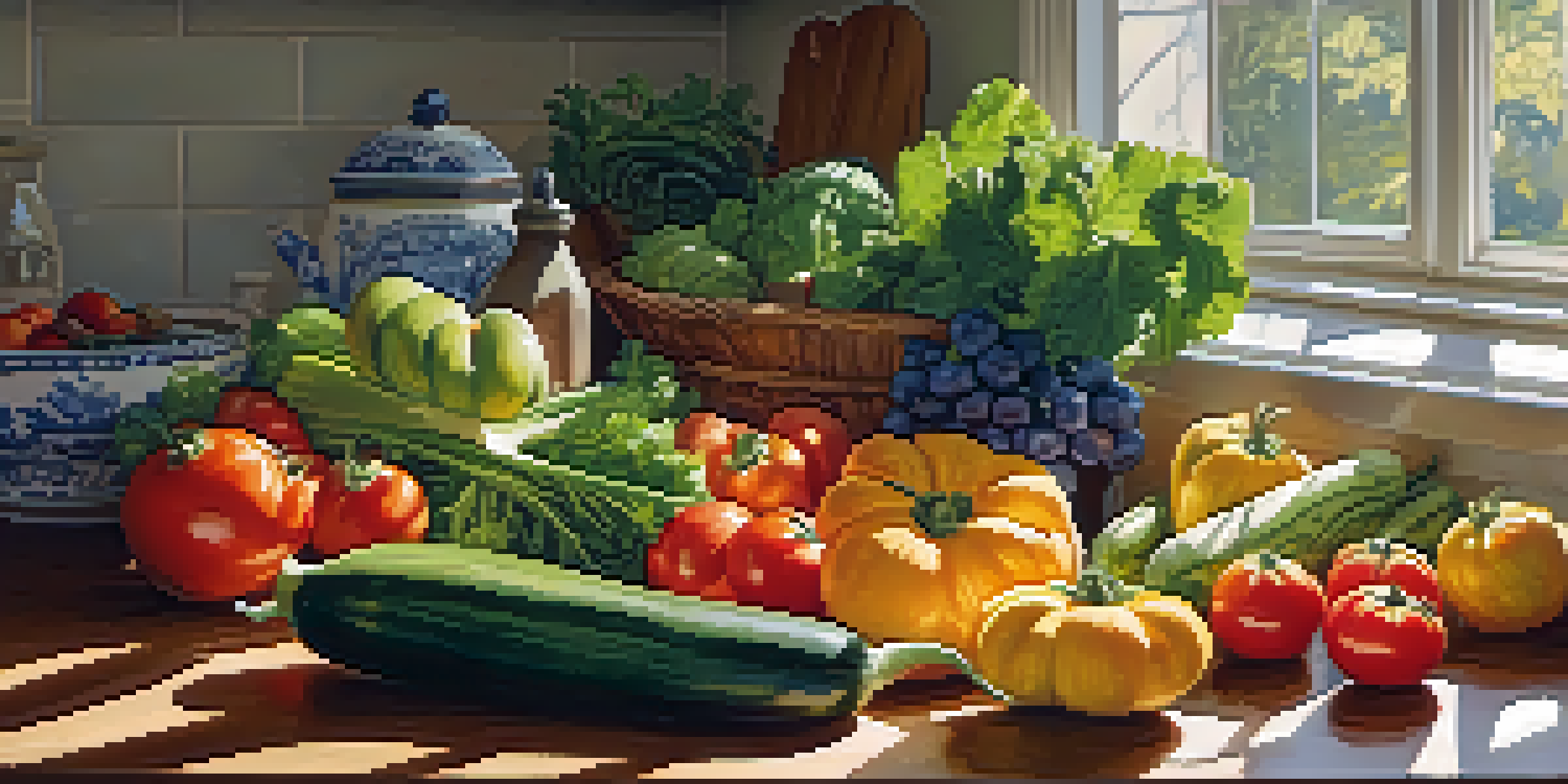 A bright kitchen with seasonal vegetables and fruits on a wooden countertop, illuminated by sunlight from a window.