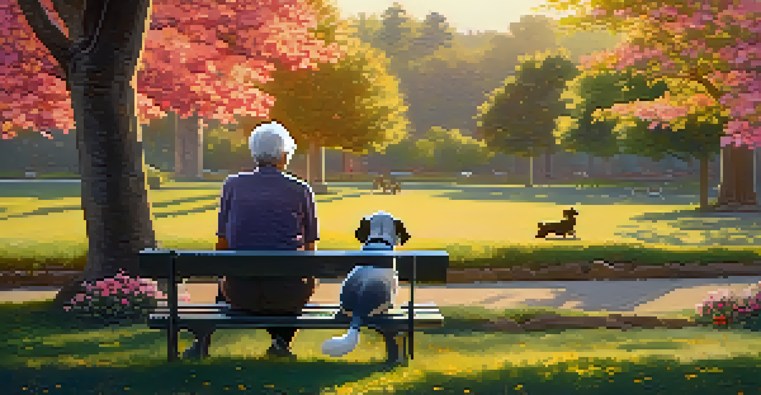 An elderly person happily petting a small dog in a park during sunset, surrounded by flowers.