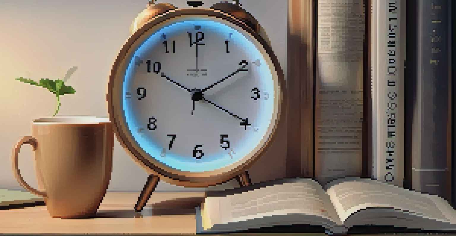 A close-up of an alarm clock set to 10:00 PM on a bedside table with a book and herbal tea, emphasizing a relaxing nighttime routine.