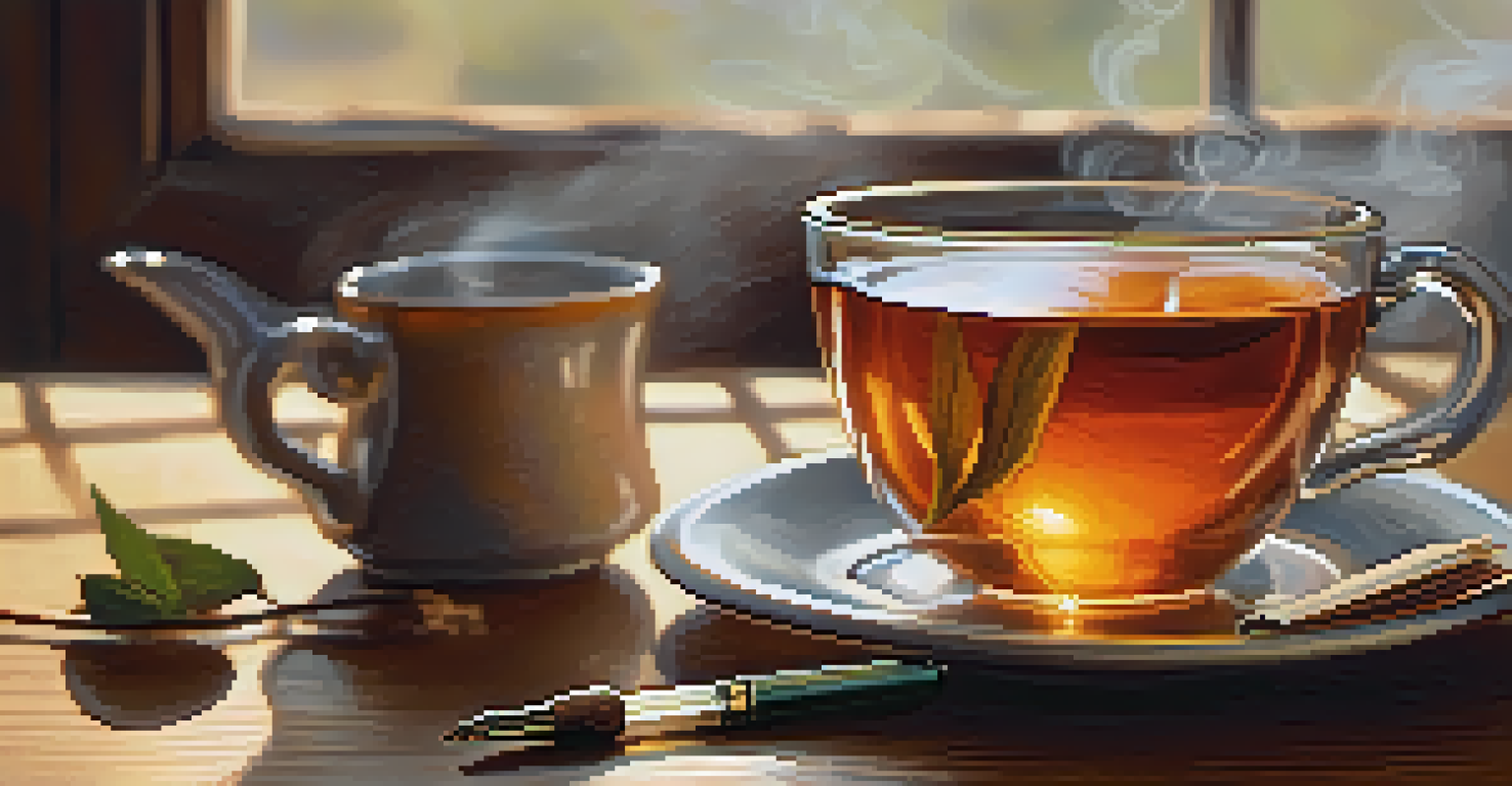 A close-up view of a steaming cup of herbal tea on a wooden table, next to an open journal and a pen.