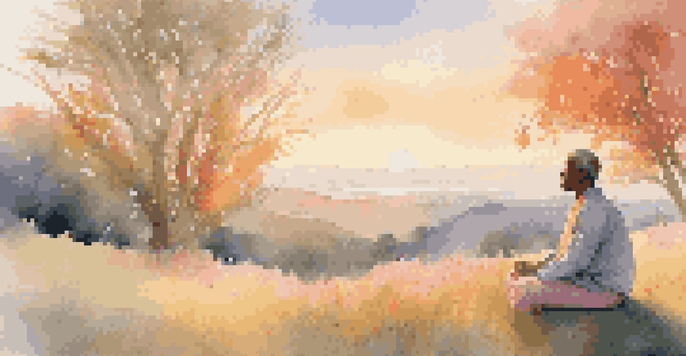 A person meditating on a grassy hillside during sunrise, surrounded by wildflowers and illuminated by soft sunlight.