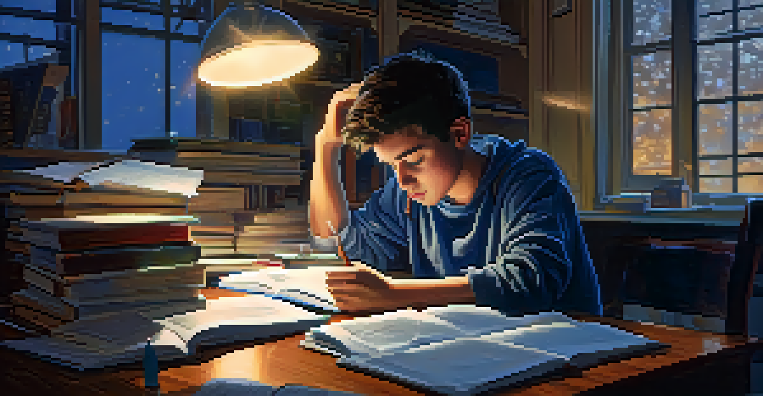A tired teenager studying late at night at a cluttered desk, illuminated by a laptop screen.