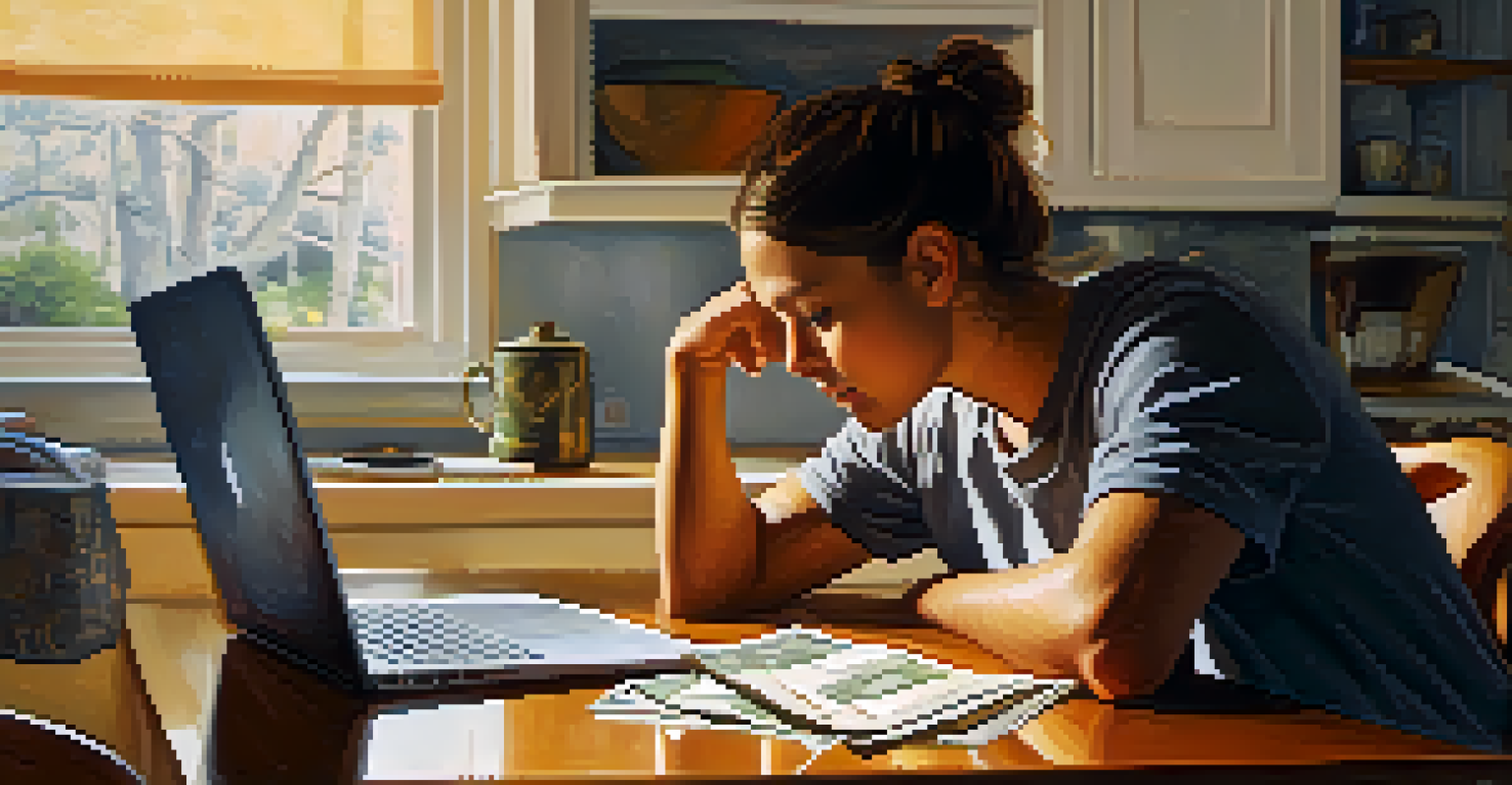 A worried person at a kitchen table, looking at a laptop surrounded by bills and an empty coffee mug, set in a cozy home environment.