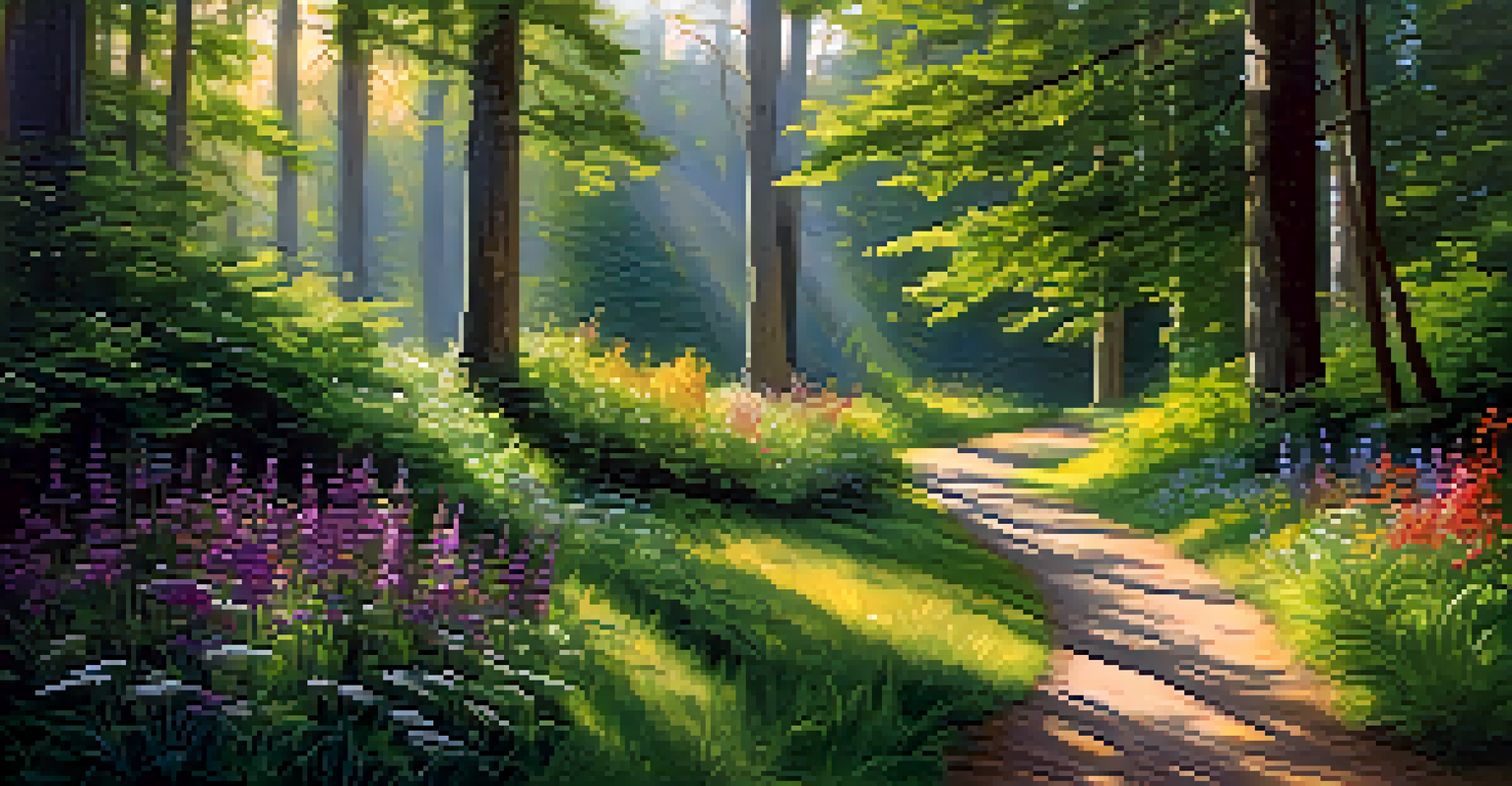 A winding path through a lush forest with sunlight filtering through trees and a person walking mindfully.