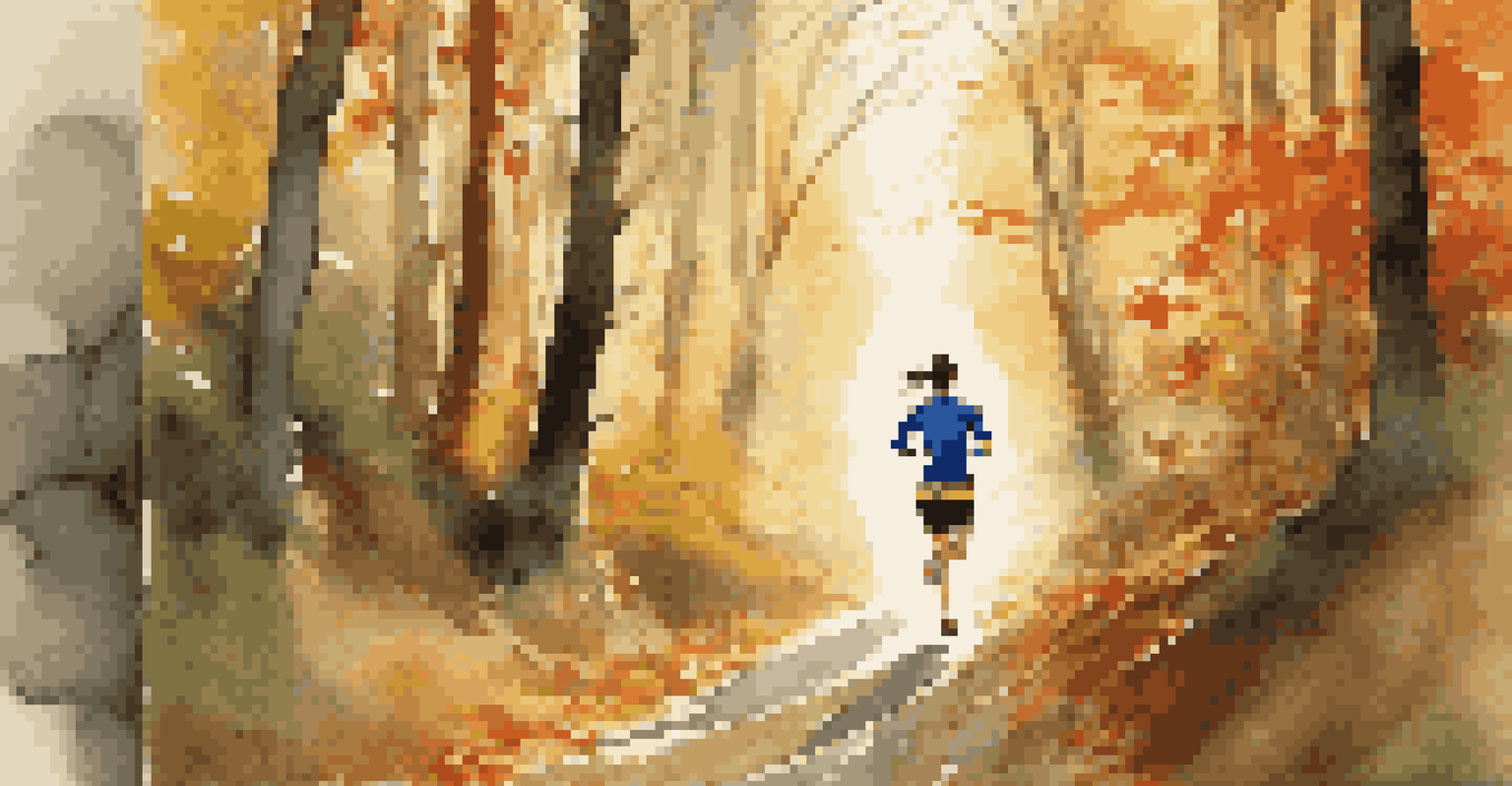 A runner on a forest trail during autumn, surrounded by colorful trees and sunlight.