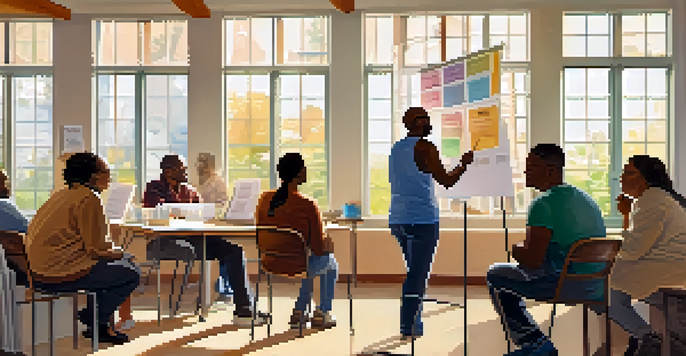 A community workshop with diverse participants discussing health literacy, surrounded by colorful health posters and bright natural light.