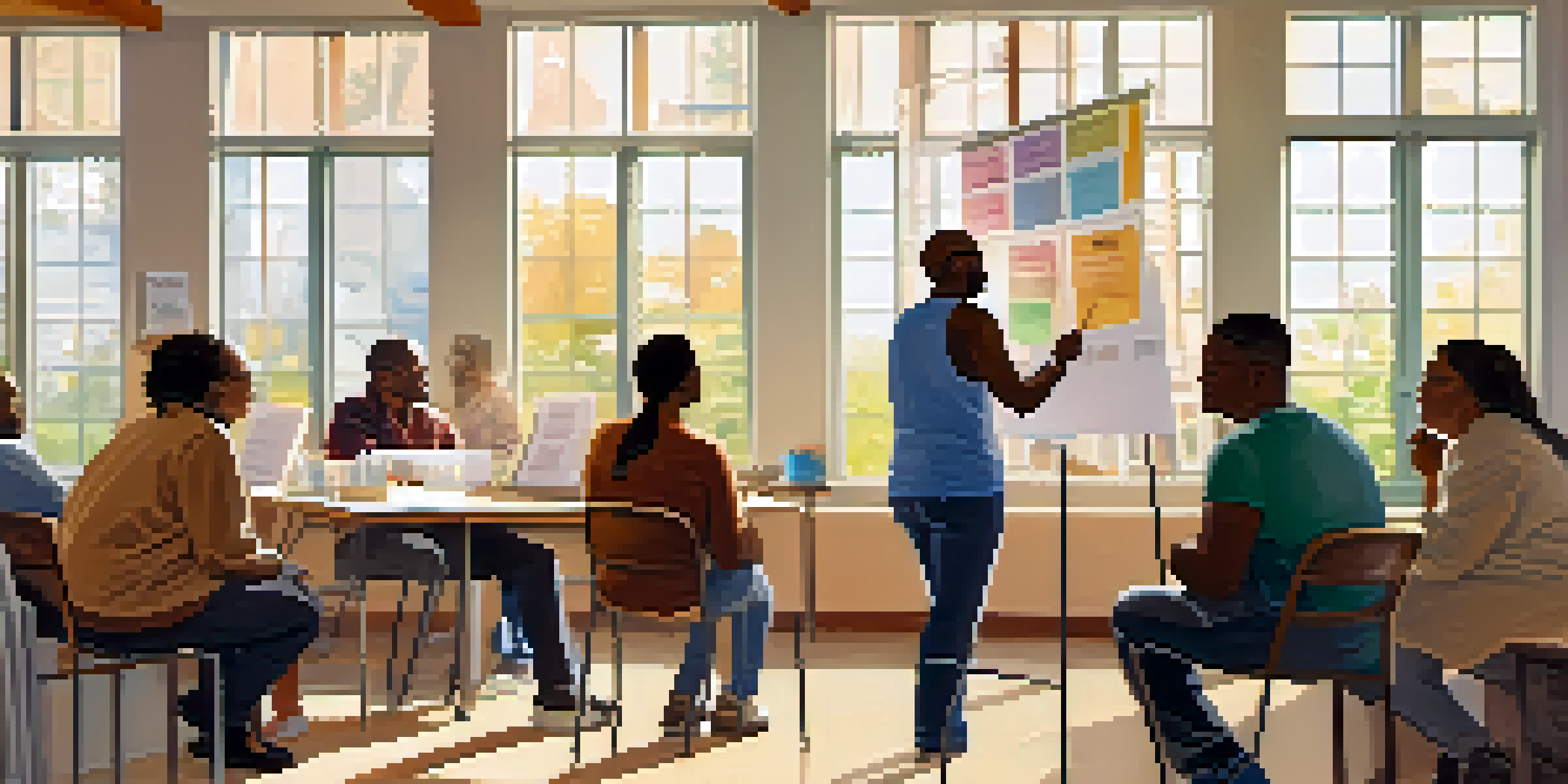 A community workshop with diverse participants discussing health literacy, surrounded by colorful health posters and bright natural light.