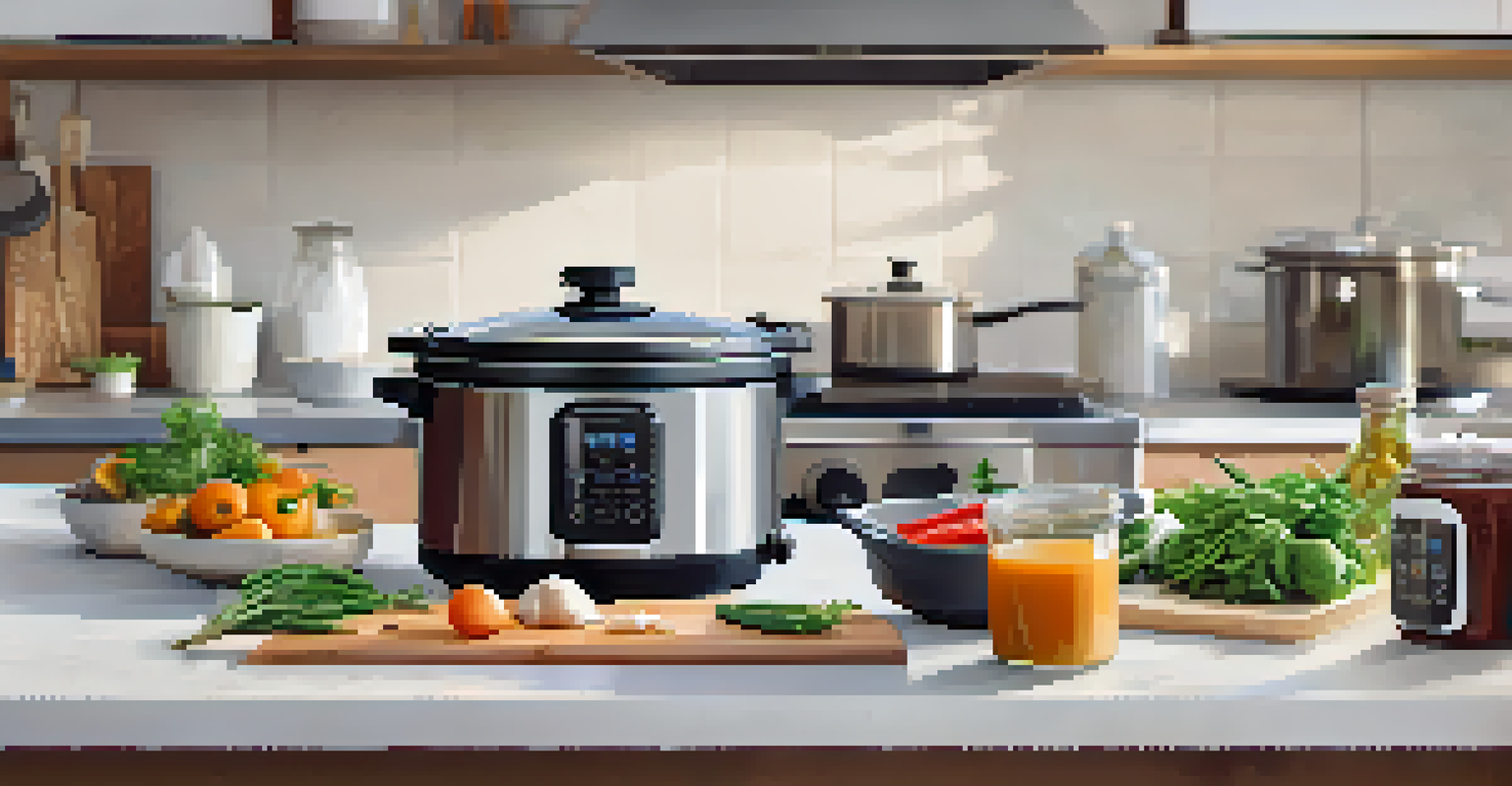 A pressure cooker and slow cooker on a countertop with fresh ingredients and an open recipe book.