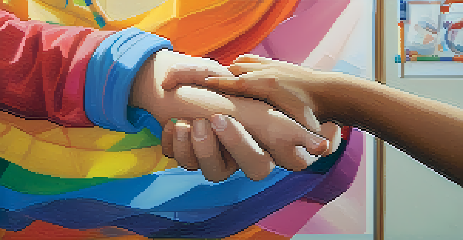 A healthcare provider holding a child's hand in a clinic, with supportive messages in various languages in the background.