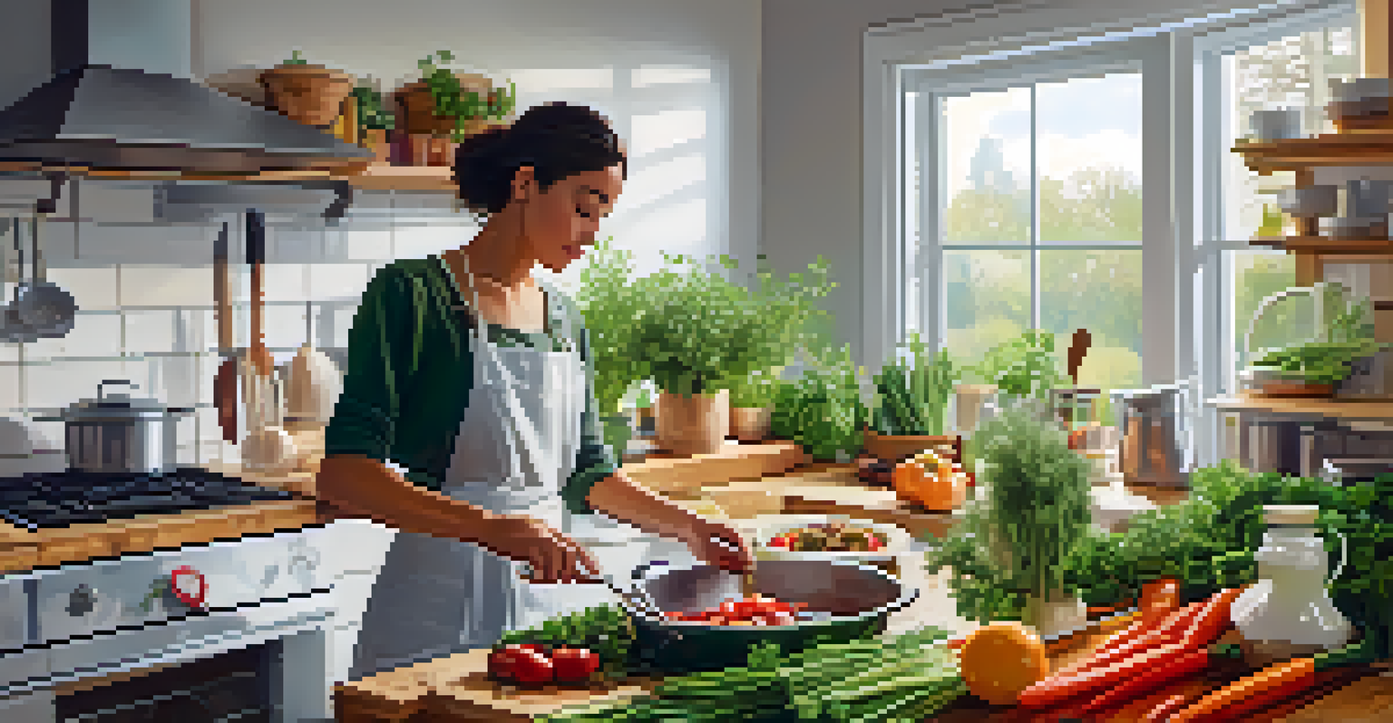 A person preparing a meal in a bright kitchen, surrounded by colorful ingredients and fresh herbs.