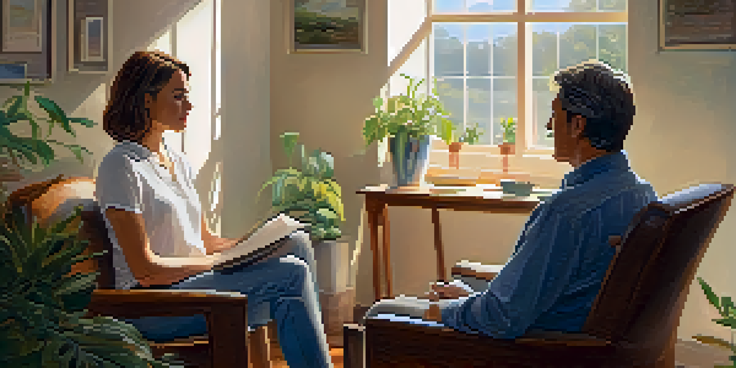 A therapist and client engaged in a conversation in a cozy therapy room filled with plants and sunlight.
