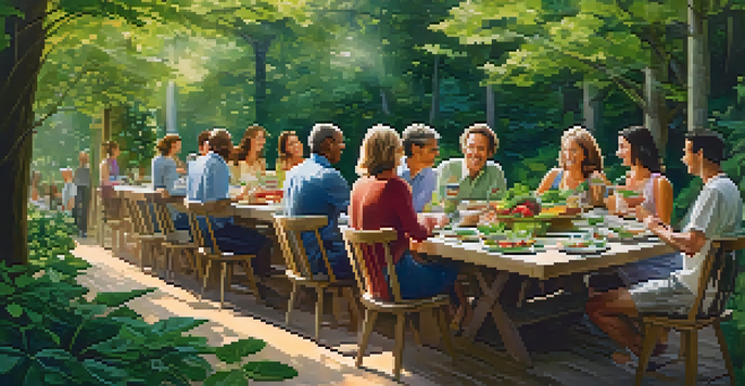 A group of people enjoying a meal at a long table in a lush outdoor setting, surrounded by greenery and soft sunlight, sharing colorful and healthy dishes.