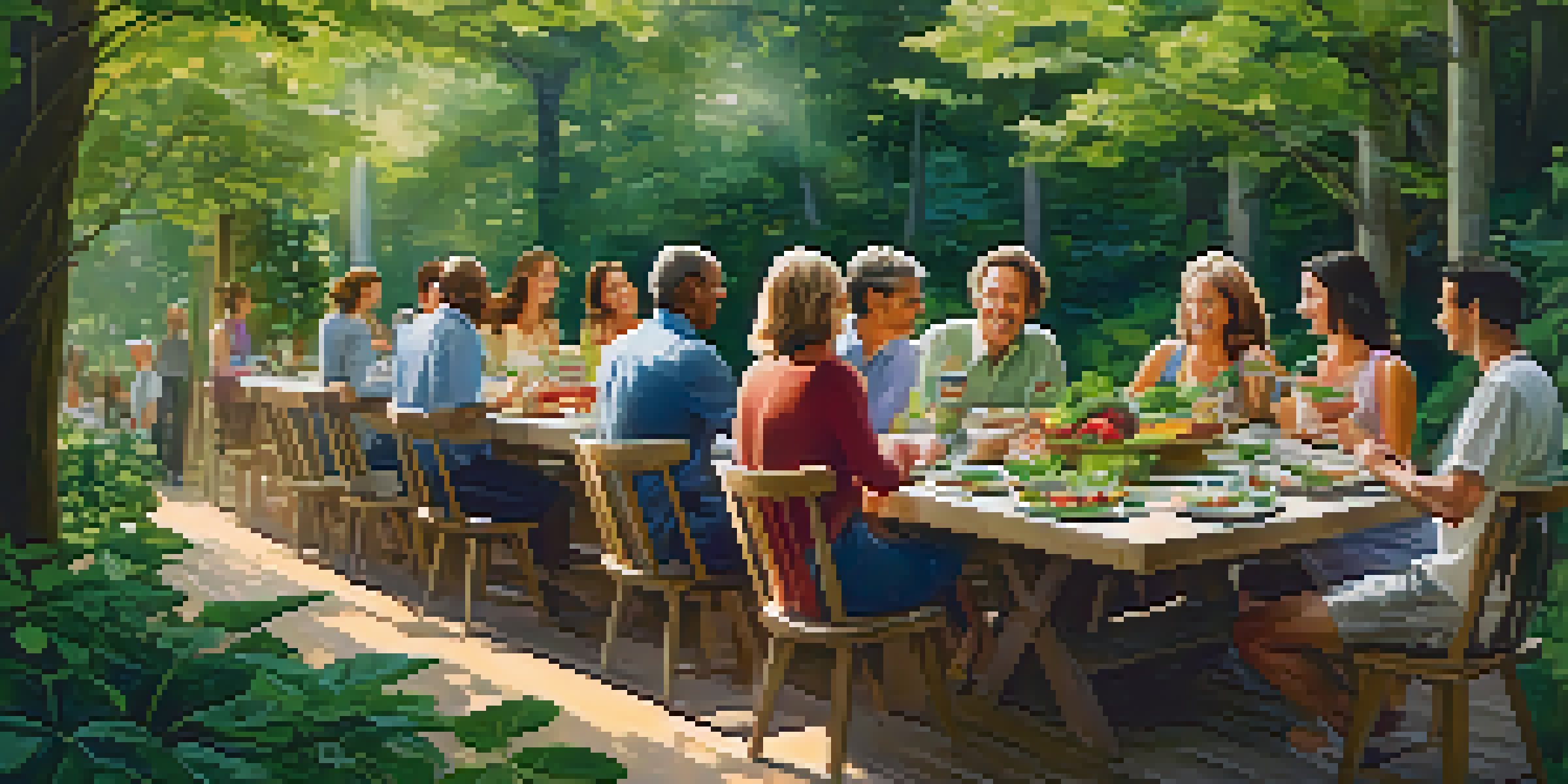 A group of people enjoying a meal at a long table in a lush outdoor setting, surrounded by greenery and soft sunlight, sharing colorful and healthy dishes.