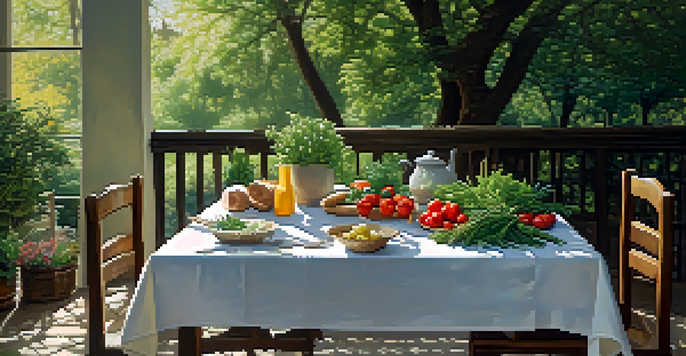 An outdoor dining table beautifully set with fresh herbs and colorful vegetables, illuminated by soft natural light.