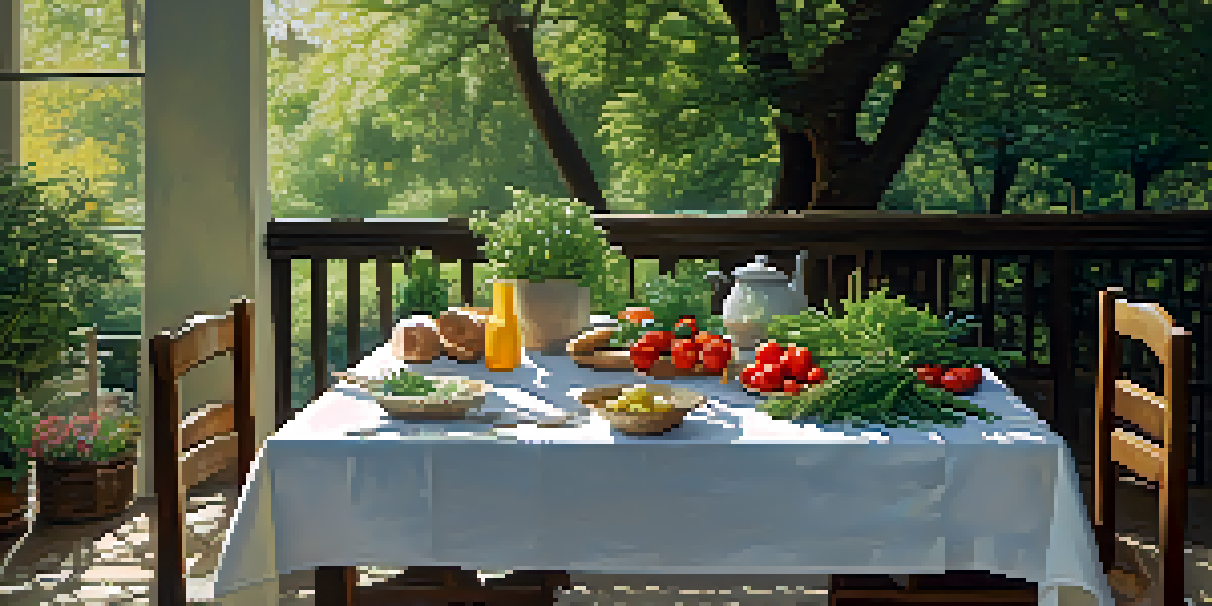 An outdoor dining table beautifully set with fresh herbs and colorful vegetables, illuminated by soft natural light.