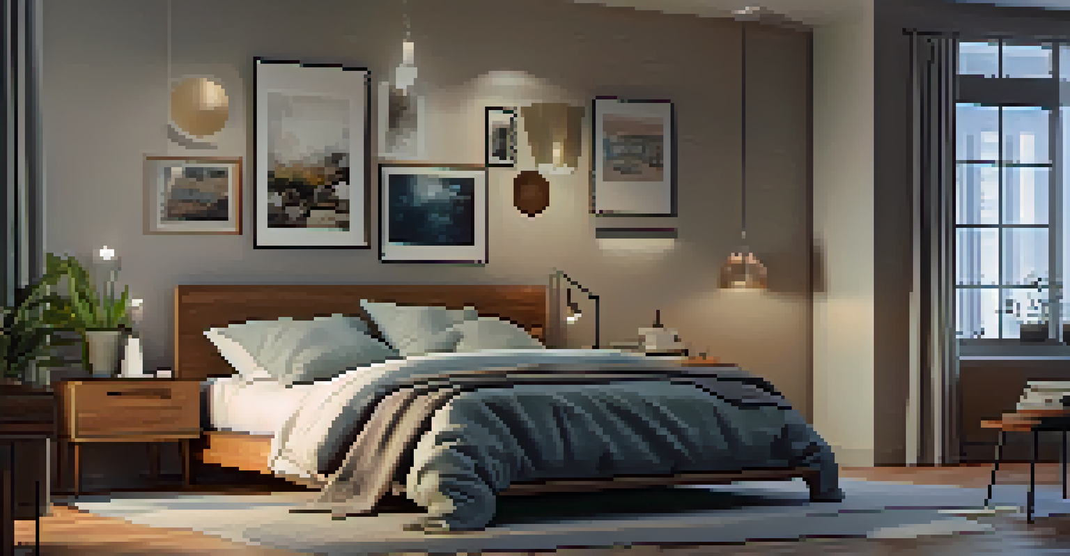 A cozy bedroom with a soft bed, dim lighting, and a bookshelf, creating a calm atmosphere.